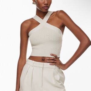 Aritzia Babaton Sculpt Knit Ribbed Criss Cross Cropped Tank White Size S
